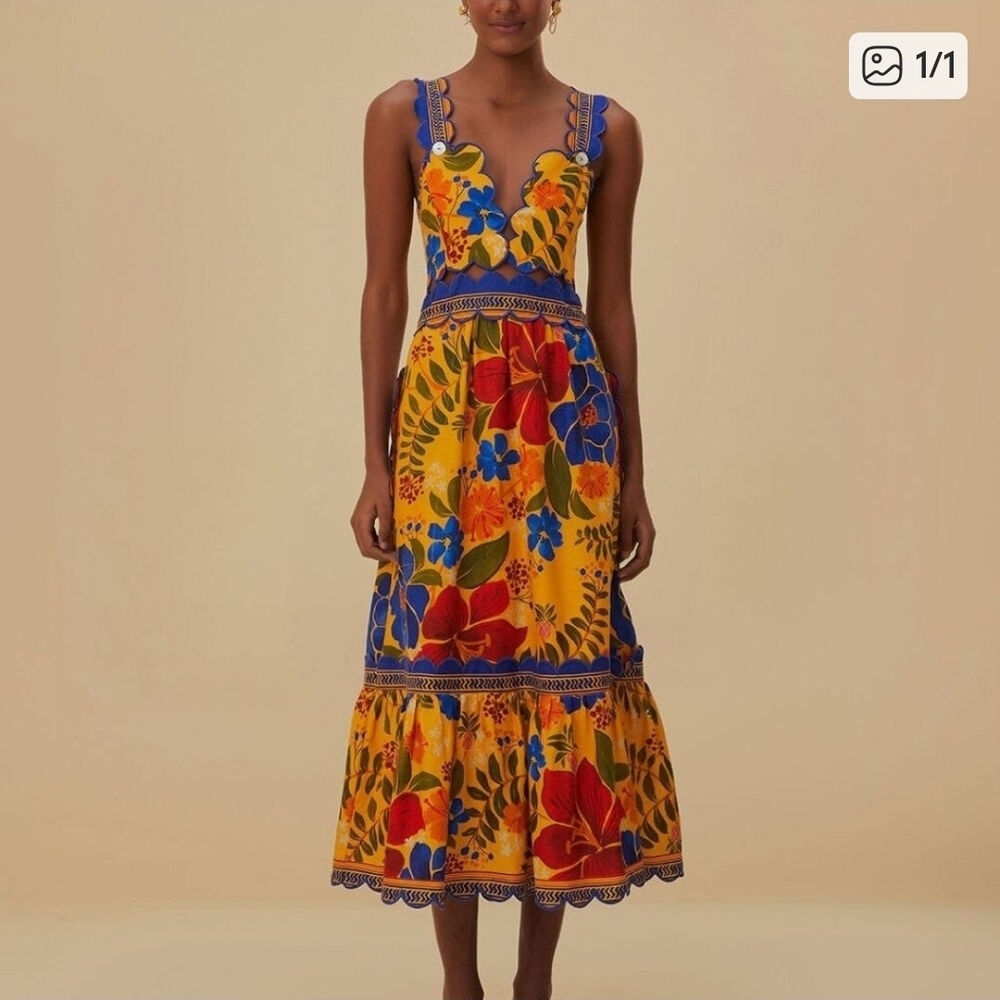 NWT FARM Rio Boho Yellow and Blue Floral Midi Dress